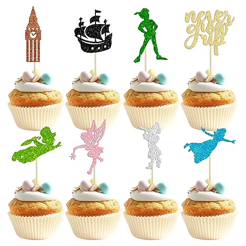 Gyufise Paquete de 24 adornos para cupcakes Never Grow Up con purpurina, diseño de nave de Neverland Elf Girl Cupcake Picks Night Fairy Tales P Pan Cupcake Decoraciones para baby shower, fiesta de