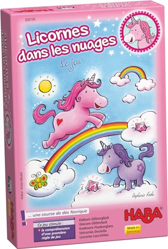 HABA Nubes, Encantador Juego de Dados con 60 Cristales Brillantes para 2-4 Jugadores de 3 años o más, Bonito Regalo de cumpleaños para Todos los pequeños Fans del Unicornio, 300195