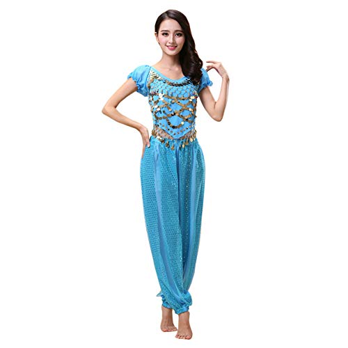 Haodasi Disfraz de danza del vientre para mujer, parte superior de baile + pantalones de linterna, traje de bailarina profesional de carnaval, azul, S