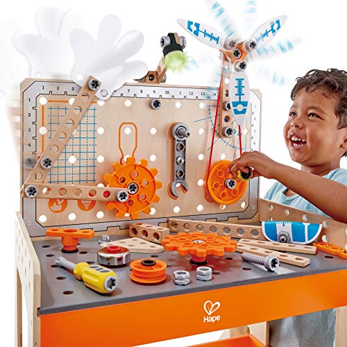 Hape Deluxe Scientific Workbench , Wooden Inventor’s Experiment Building Set, 79-Piece Workshop for Kids,49 x 30 x 77,5 cm