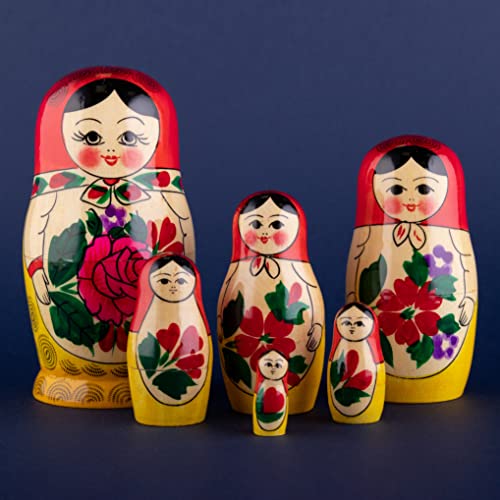 Heka Naturals Semyonov Muñecas de Anidación | Set de 6 (13 cm) Muñecas de Madera Matrioska - Tradicional Babushka Decoración Hogar, Juguetes de Madera, Hechos a Mano