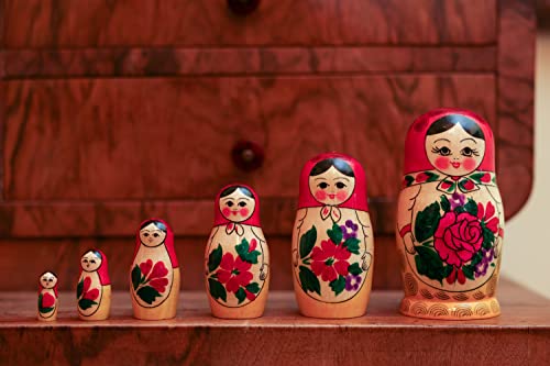 Heka Naturals Semyonov Muñecas de Anidación | Set de 6 (13 cm) Muñecas de Madera Matrioska - Tradicional Babushka Decoración Hogar, Juguetes de Madera, Hechos a Mano