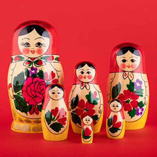 Heka Naturals Semyonov Muñecas de Anidación | Set de 6 (13 cm) Muñecas de Madera Matrioska - Tradicional Babushka Decoración Hogar, Juguetes de Madera, Hechos a Mano