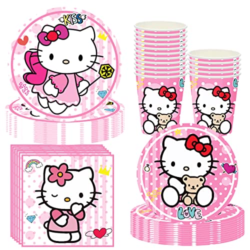 Hello Kitty Stoviglie per Feste Hello Kitty Forniture per Feste Bambini Compleanni Decorazione per Feste Stoviglie di Compleanno Set Piatto Tovagliolo Tazza Tovaglia per 10 Ospiti