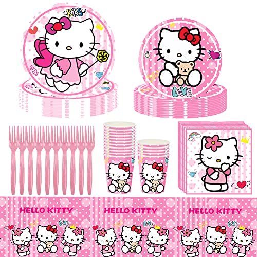 Hello Kitty Stoviglie per Feste Hello Kitty Forniture per Feste Bambini Compleanni Decorazione per Feste Stoviglie di Compleanno Set Piatto Tovagliolo Tazza Tovaglia per 10 Ospiti