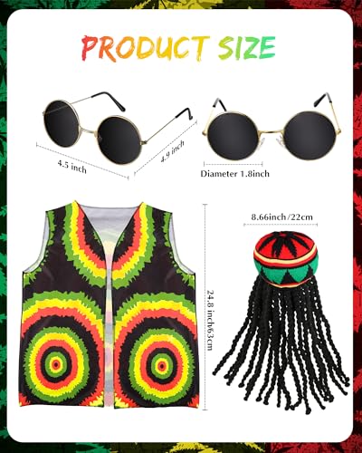 Hestya Set de 3 Accesorios de Disfraz de Jamaica de Halloween Sombrero de Rasta Reggae Jamaicano con Peluca Negra de Rastas Chaleco Jamaicano Unisex Gafas de Rasta para Adultos Cosplay Fiesta Regalos