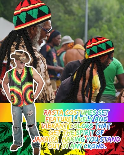 Hestya Set de 3 Accesorios de Disfraz de Jamaica de Halloween Sombrero de Rasta Reggae Jamaicano con Peluca Negra de Rastas Chaleco Jamaicano Unisex Gafas de Rasta para Adultos Cosplay Fiesta Regalos