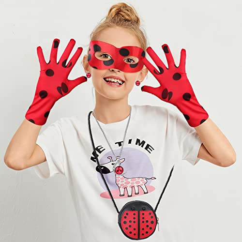 HIFOT Ladybug Disfraz Set Bolsos y Accesorios, Lady Bug Máscaras Guantes Bolsa Gomas Pelo Collares Anillos Pendientes Pulseras, Disfraz Superheroina Niña, Deluxe Ladybug Juguetes De Rol Disfraces Niña