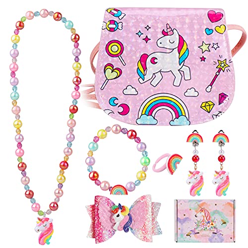 Hifot Unicornio Cuero Bolsos Bandolera Monedero para niñas, Gioielli Brillante Anillos Collares Pulseras Pelo Clip Pendientes Conjunto,Juegos de rol Fiesta Accesorios Vestido Dress up Caja de Regalo