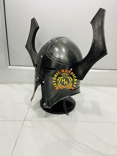 HISTORIC HANDICRAFT Casco medieval de Warhammer Chaos de acero de calibre 18 ennegrecido para cosplay, réplica de casco alado, casco de armadura con soporte para disfraz de Halloween