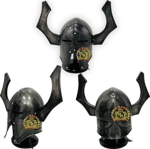 HISTORIC HANDICRAFT Casco medieval de Warhammer Chaos de acero de calibre 18 ennegrecido para cosplay, réplica de casco alado, casco de armadura con soporte para disfraz de Halloween