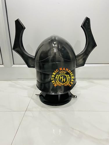 HISTORIC HANDICRAFT Casco medieval de Warhammer Chaos de acero de calibre 18 ennegrecido para cosplay, réplica de casco alado, casco de armadura con soporte para disfraz de Halloween