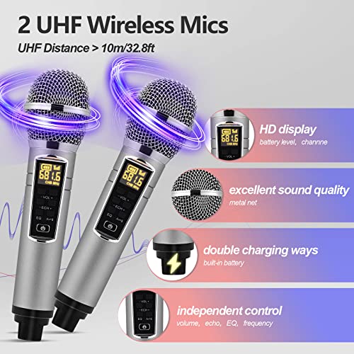 HIUYRFS Máquina de Karaoke, Equipo de Karaoke Portátil con 2 Micrófonos Inalámbricos, Sistema PA y Modo de Canción de Karaoke para Fiestas en Casa, Bodas, Picnic, S