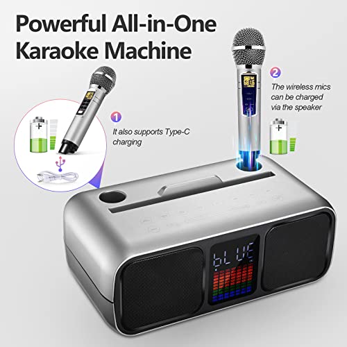 HIUYRFS Máquina de Karaoke, Equipo de Karaoke Portátil con 2 Micrófonos Inalámbricos, Sistema PA y Modo de Canción de Karaoke para Fiestas en Casa, Bodas, Picnic, S