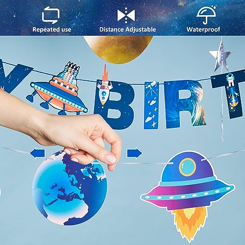 Homarkable Conjunto de Decoraciones Preinstaladas para Fiesta de Cumpleaños con Temática del Espacio Exterior, que incluye 2 Banderines de Feliz Cumpleaños y 10 Streamers de Planetas del Sistema Sola