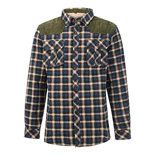 Hombres Casual Invierno y Otoño Estampado a Cuadros Bolsillo Abajo Camisa Manga Larga Patchwork Chaqueta Engrosada Abrigo Hombre Cuello Reversible, verde, XXL