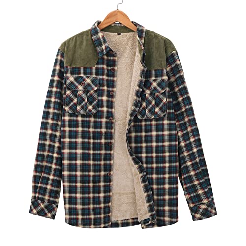 Hombres Casual Invierno y Otoño Estampado a Cuadros Bolsillo Abajo Camisa Manga Larga Patchwork Chaqueta Engrosada Abrigo Hombre Cuello Reversible, verde, XXL