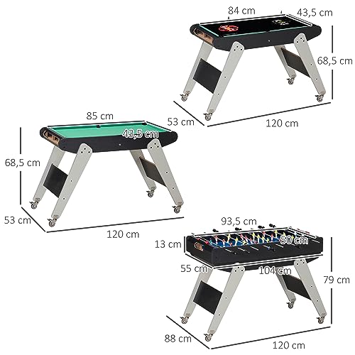 HOMCOM 6 en 1 Mesa Multijuegos con Ruedas Mesa de Billar Ping Pong Futbolín Hockey sobre Hielo Aire Hockey Aro de Lanzamiento para Niños de 7+ Años 120x88x79 cm Negro