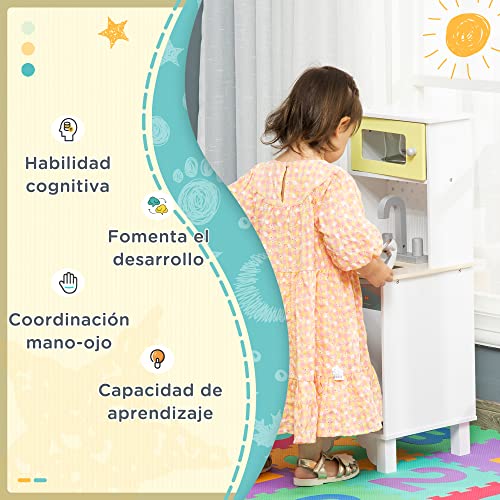 HOMCOM Cocina de Juguete de Madera para Niños de +3 Años Cocinita Infantil con Accesorios Teléfono Simulado Dispensador de Agua y Armarios 32x30x79 cm Blanco