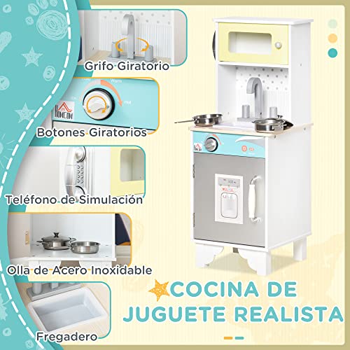 HOMCOM Cocina de Juguete de Madera para Niños de +3 Años Cocinita Infantil con Accesorios Teléfono Simulado Dispensador de Agua y Armarios 32x30x79 cm Blanco