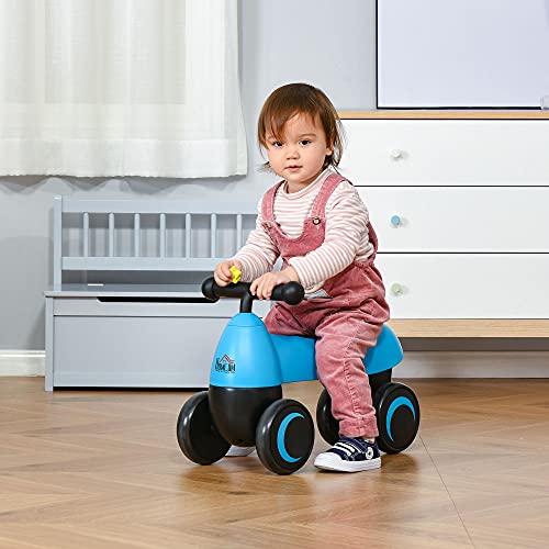 HOMCOM Correpasillos de Equilibrio para Niños Bicicleta sin Pedales Bebés de 18-36 Meses Altura Asiento de 26 cm con 4 Ruedas y Manillar Regalo de Cumpleaños 54x26x38 cm Azul