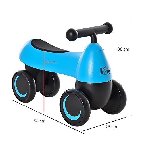 HOMCOM Correpasillos de Equilibrio para Niños Bicicleta sin Pedales Bebés de 18-36 Meses Altura Asiento de 26 cm con 4 Ruedas y Manillar Regalo de Cumpleaños 54x26x38 cm Azul