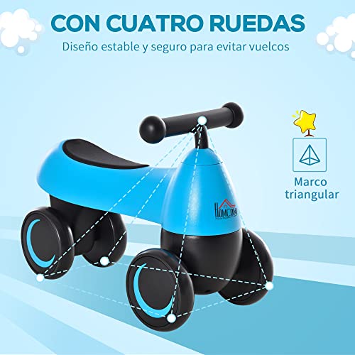 HOMCOM Correpasillos de Equilibrio para Niños Bicicleta sin Pedales Bebés de 18-36 Meses Altura Asiento de 26 cm con 4 Ruedas y Manillar Regalo de Cumpleaños 54x26x38 cm Azul