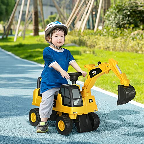 HOMCOM Excavadora con Licencia Caterpillar Excavadora Correpasillos para Niños de 1-3 Años con Asiento de Almacenamiento Pala Delantera y Bocina Carga 25 kg 85x27,5x47,5 cm Amarillo