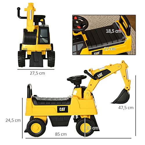 HOMCOM Excavadora con Licencia Caterpillar Excavadora Correpasillos para Niños de 1-3 Años con Asiento de Almacenamiento Pala Delantera y Bocina Carga 25 kg 85x27,5x47,5 cm Amarillo