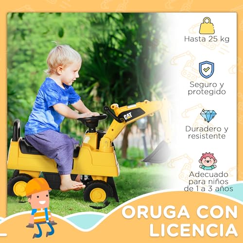 HOMCOM Excavadora con Licencia Caterpillar Excavadora Correpasillos para Niños de 1-3 Años con Asiento de Almacenamiento Pala Delantera y Bocina Carga 25 kg 85x27,5x47,5 cm Amarillo