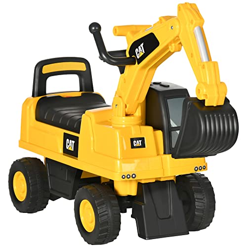 HOMCOM Excavadora con Licencia Caterpillar Excavadora Correpasillos para Niños de 1-3 Años con Asiento de Almacenamiento Pala Delantera y Bocina Carga 25 kg 85x27,5x47,5 cm Amarillo