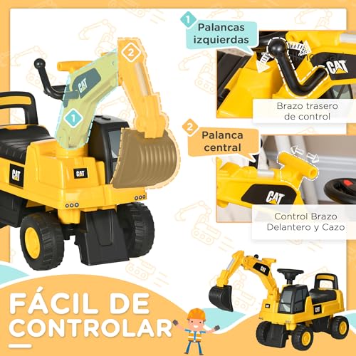 HOMCOM Excavadora con Licencia Caterpillar Excavadora Correpasillos para Niños de 1-3 Años con Asiento de Almacenamiento Pala Delantera y Bocina Carga 25 kg 85x27,5x47,5 cm Amarillo