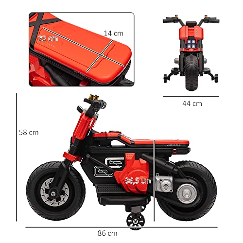 HOMCOM Moto Eléctrica Infantil Moto de Batería 6V con Faros Música Bocina Velocidad 3 km/h Avance Retroceso y Ruedas Auxiliares para Niños de 3-5 Años Carga 25 kg 86x44x58 cm Negro y Rojo