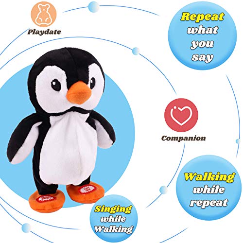 Hopearl Talking Singing Penguin Repeats What You Say Walking Juguete animado interactivo eléctrico que habla de peluche para niños pequeños, 7.5 pulgadas