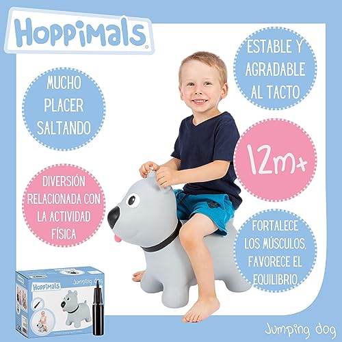 Hoppimals Tootiny, Juguete Hinchable para Saltar y Jugar para Niños Mayores de 1 año, Perro Gris, Bomba Incluida en Nuestra Caja Regalo. Juguete Duradero Incentivar y Ayudar a Andar.