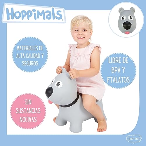 Hoppimals Tootiny, Juguete Hinchable para Saltar y Jugar para Niños Mayores de 1 año, Perro Gris, Bomba Incluida en Nuestra Caja Regalo. Juguete Duradero Incentivar y Ayudar a Andar.