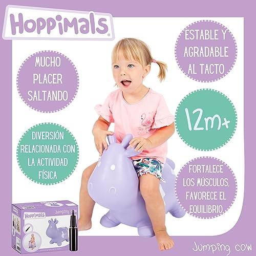 Hoppimals Tootiny, Juguete Hinchable para Saltar y Jugar para Niños Mayores de 1 año, Vaca Morada, Bomba Incluida en Nuestra Caja Regalo. Juguete Duradero Incentivar y Ayudar a Andar.