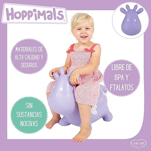 Hoppimals Tootiny, Juguete Hinchable para Saltar y Jugar para Niños Mayores de 1 año, Vaca Morada, Bomba Incluida en Nuestra Caja Regalo. Juguete Duradero Incentivar y Ayudar a Andar.