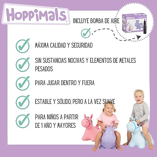 Hoppimals Tootiny, Juguete Hinchable para Saltar y Jugar para Niños Mayores de 1 año, Vaca Morada, Bomba Incluida en Nuestra Caja Regalo. Juguete Duradero Incentivar y Ayudar a Andar.