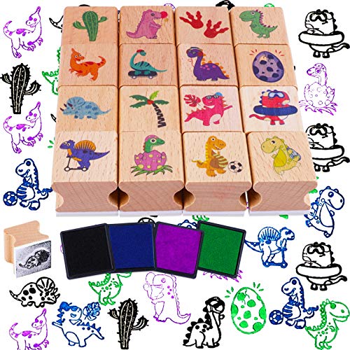 HOWAF 16 Dinosaurio Sellos para Niños Manualidades con Almohadilla de Tinta 4, Madera Sellos para Niños Bricolaje Scrapbooking Tarjeta Impresión, Dinosaurio Fiesta Rellenos Favor Regalo para Niños