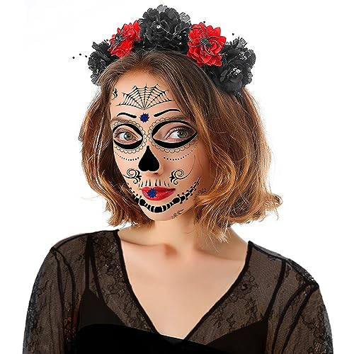 HOWAF Diadema del Día De Muertos con Rosas Rojas, Araña, Tamaño Único, Color Rojo y Negro, Tocado Mexicano/Diadema Floral de Halloween, Accesorio para Disfraz de Halloween