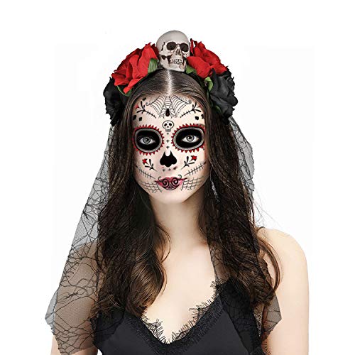 HOWAF Diadema del Día De Muertos con Rosas Rojas, Calavera y Velo, Tamaño Único, Mexicano Diadema de Flores Catrina, Accesorio para Disfraz de Halloween Mujer