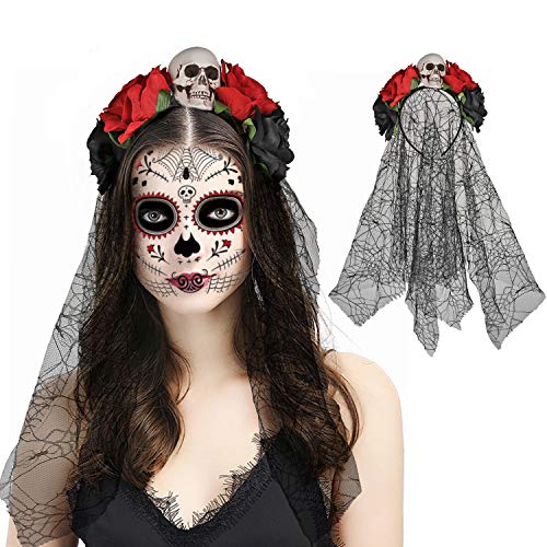 HOWAF Diadema del Día De Muertos con Rosas Rojas, Calavera y Velo, Tamaño Único, Mexicano Diadema de Flores Catrina, Accesorio para Disfraz de Halloween Mujer