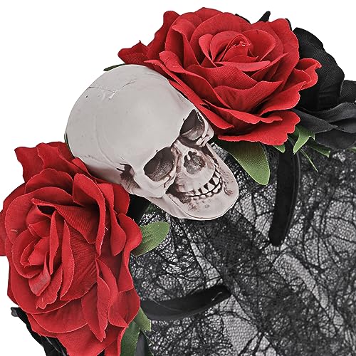 HOWAF Diadema del Día De Muertos con Rosas Rojas, Calavera y Velo, Tamaño Único, Mexicano Diadema de Flores Catrina, Accesorio para Disfraz de Halloween Mujer