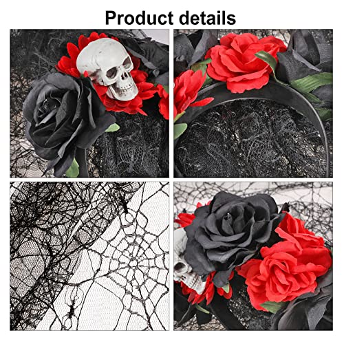 HOWAF Diadema del Día De Muertos con Rosas Rojas Diadema Halloween Tatuajes Temporales de Cara Halloween Mascarada Día de los Muertos Esqueleto Cráneo Diadema Accesorio para Disfraz de Halloween Mujer