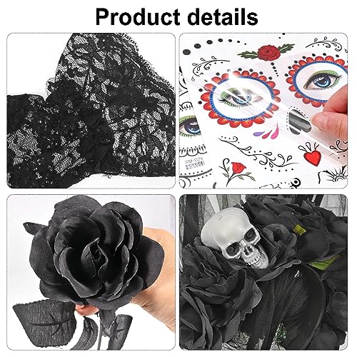 HOWAF Diadema Dia De Los Muertos Diadema Flores Mexicana Diadema Halloween Diadema De Flores Halloween Tatuajes Temporales Halloween Tatuajes Halloween Cara Guantes Rosas Negras para Disfraz Halloween