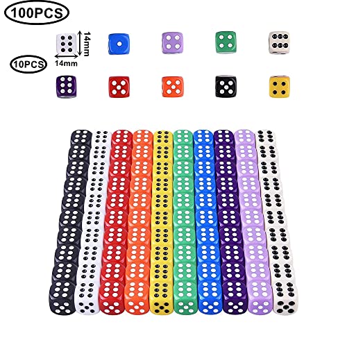 HUAZIZ 100 Piezas Dados (6 Caras, 14mm), Coloridos Dados para Juegos de Dados, Tenzi, Farkle, Yahtzee, Bunco o Ense?Anza de Matemática, Regalos, Party Favor - 10 Colores