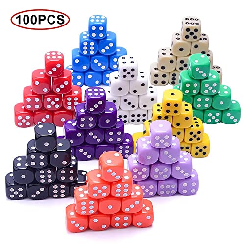 HUAZIZ 100 Piezas Dados (6 Caras, 14mm), Coloridos Dados para Juegos de Dados, Tenzi, Farkle, Yahtzee, Bunco o Ense?Anza de Matemática, Regalos, Party Favor - 10 Colores