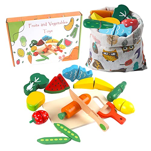 HVDHYY Accesorios Cocina Juguete Frutas y Verduras Juguete para Cortar Juegos de Cocina de Madera con Velcro Comida de rol en Navidad Cumpleaños Víspera de Todos los Santos Regalo Día del Niño