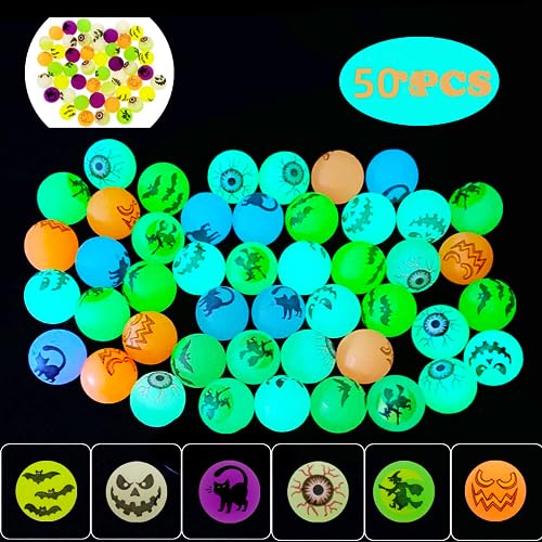 HYXRCC Luminosas de Halloween Que Brillan en la Oscuridad 50 Bolas, Juguetes para Niños, Recuerdos de Fiesta, Truco o Trato, Recompensas de Juego de Aula para Niños en Decoración de Halloween.